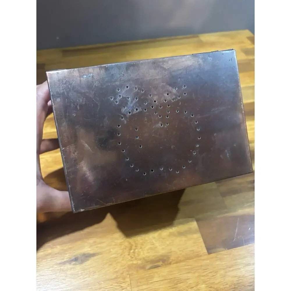 Vintage Copper Hinged Recipe Box w Dividers Punched Apple Design